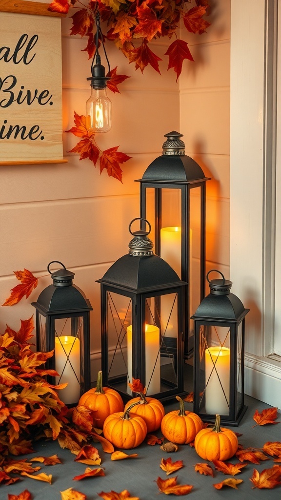 A cozy indoor fall decoration featuring black lanterns with candles, orange pumpkins, and autumn leaves.