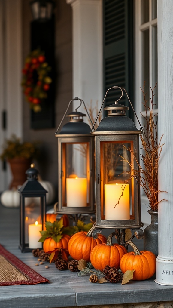 A cozy porch with three lanterns, glowing candles, pumpkins, and natural decor for fall.