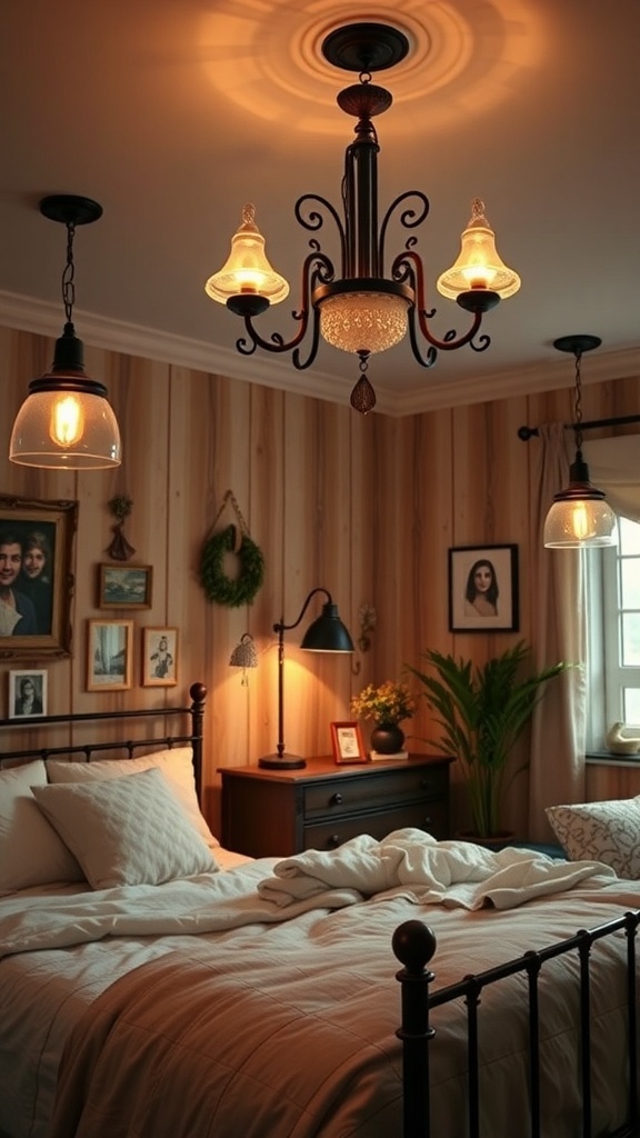 A cozy cottagecore bedroom with charming light fixtures, featuring a vintage chandelier and warm lighting.