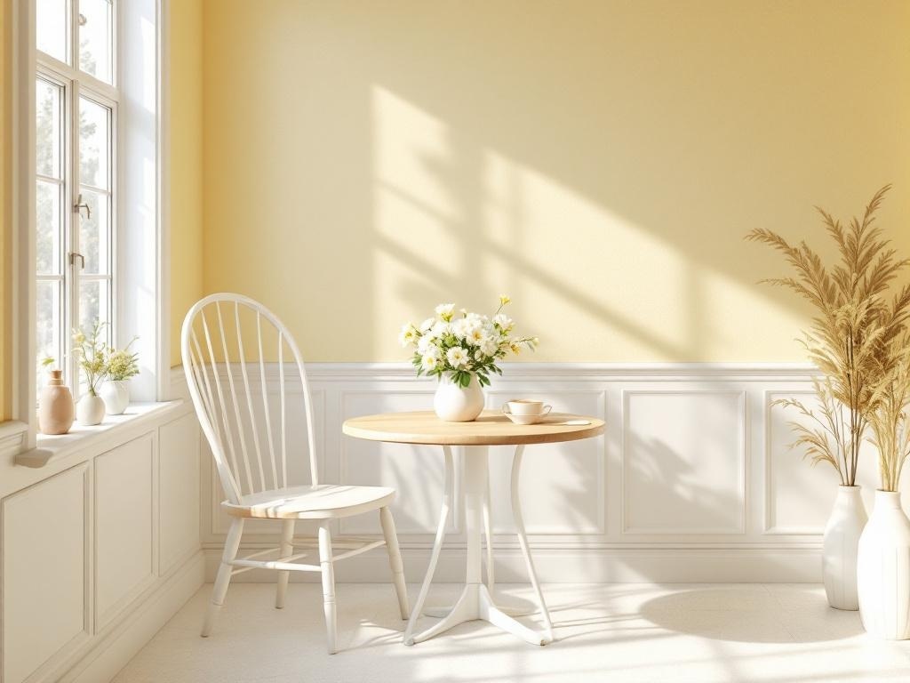 A cozy corner with light yellow walls, a wooden table, a white chair, and a vase of flowers.