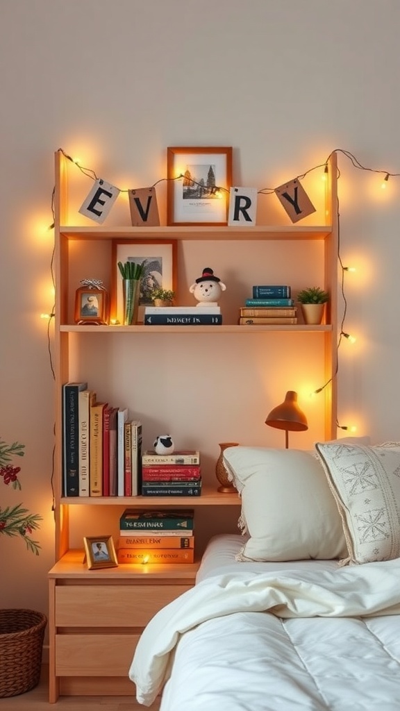 A cozy bedroom shelf with string lights, books, and decorative items.