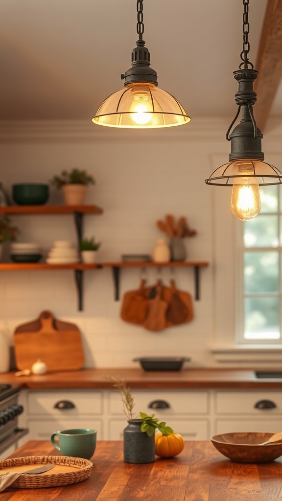 Two charming pendant lights hanging over a wooden kitchen table in a farmhouse kitchen.