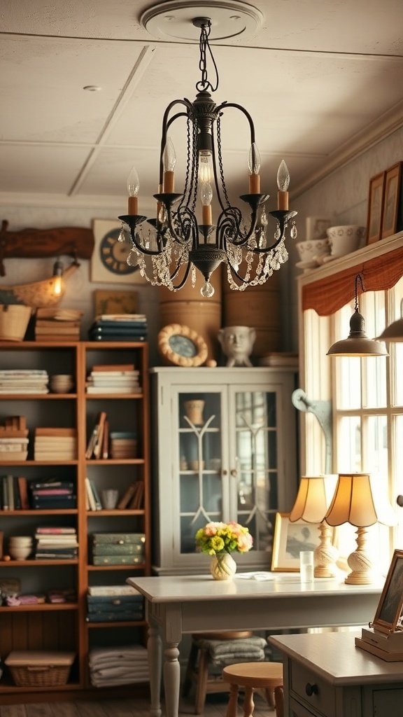 A vintage craft room with a chandelier and lamps, showcasing charming lighting fixtures.