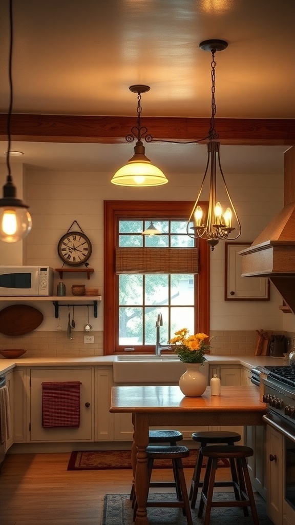 A cozy farmhouse kitchen with charming lighting fixtures.