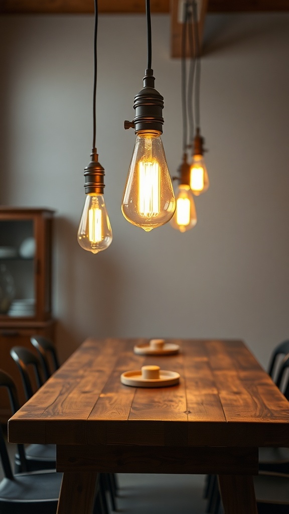 A farmhouse kitchen with Edison bulb lighting fixtures hanging over a wooden dining table.