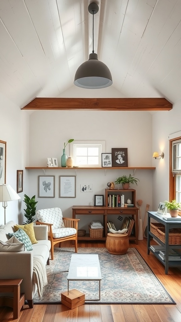 Cozy loft area in a modern farmhouse with natural light and wooden accents.