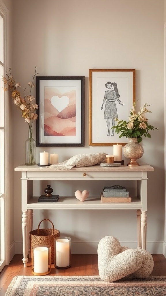 Entryway decor featuring love quotes in frames, flowers, and candles.