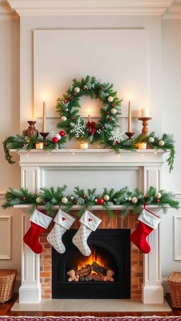 A beautifully decorated mantel with a garland, candles, and festive stockings.