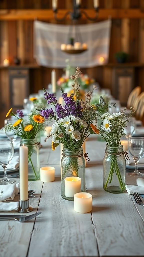 Mason jars filled with flowers on a rustic farmhouse table with candles