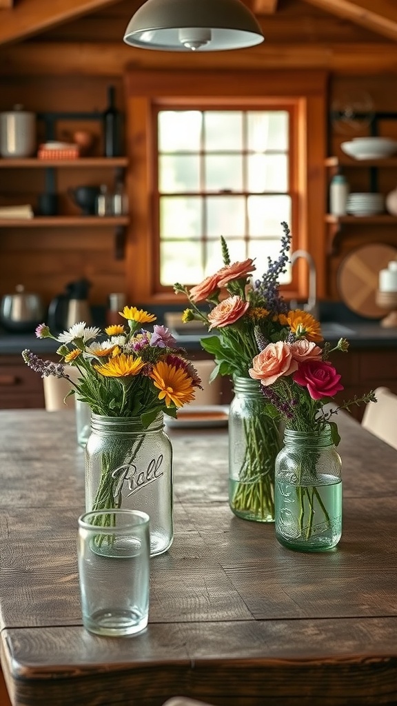 Mason jars filled with flowers on a wooden table in a vintage cabin