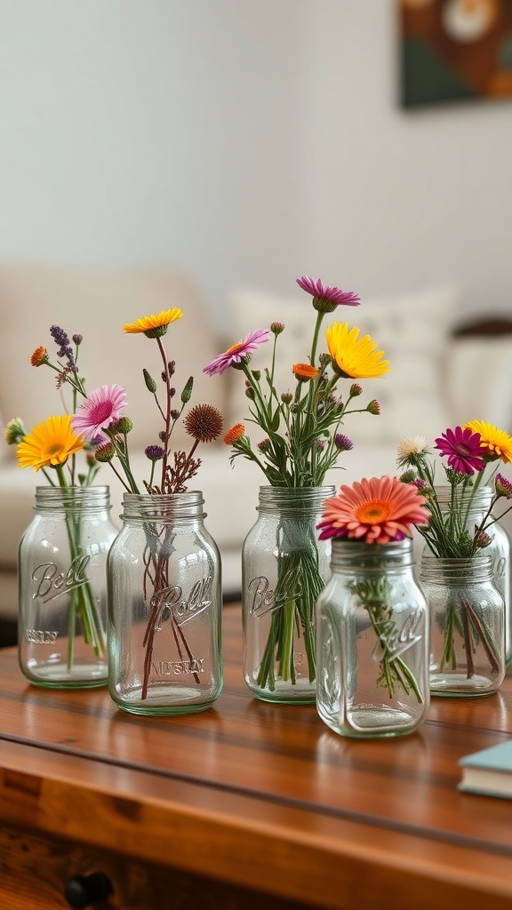 Mason jars filled with colorful flowers on a wooden table