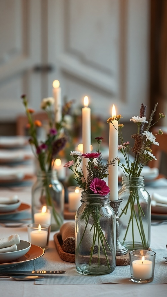 A rustic table setting featuring mason jars with flowers and candles.
