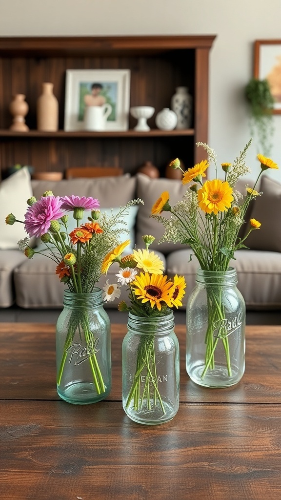 Three mason jars filled with colorful flowers on a wooden table.