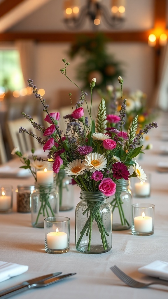 A table set with mason jars filled with flowers and candles.