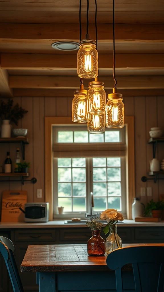 Mason jar light fixtures hanging in a rustic kitchen.