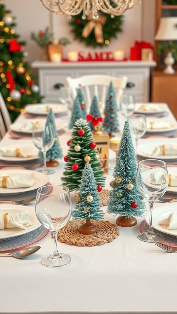 A beautifully set dining table decorated with miniature Christmas trees and festive decor.