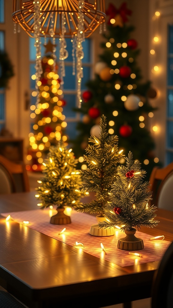 A table decorated with miniature Christmas trees and warm lights.
