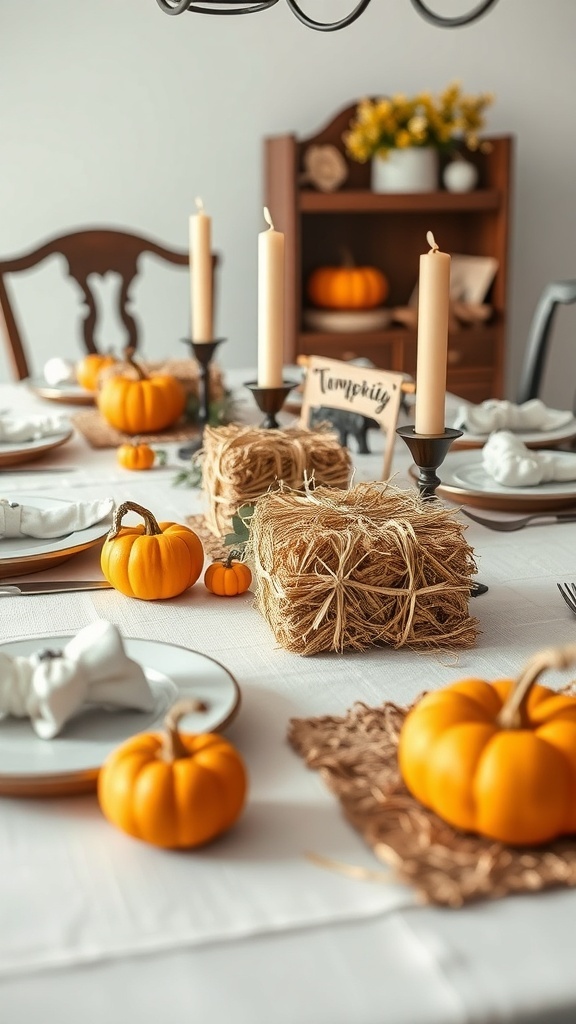 A fall dining table decorated with miniature hay bales, pumpkins, and candles.