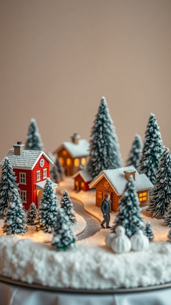 A miniature village with snow-covered houses and trees, creating a cozy winter scene.