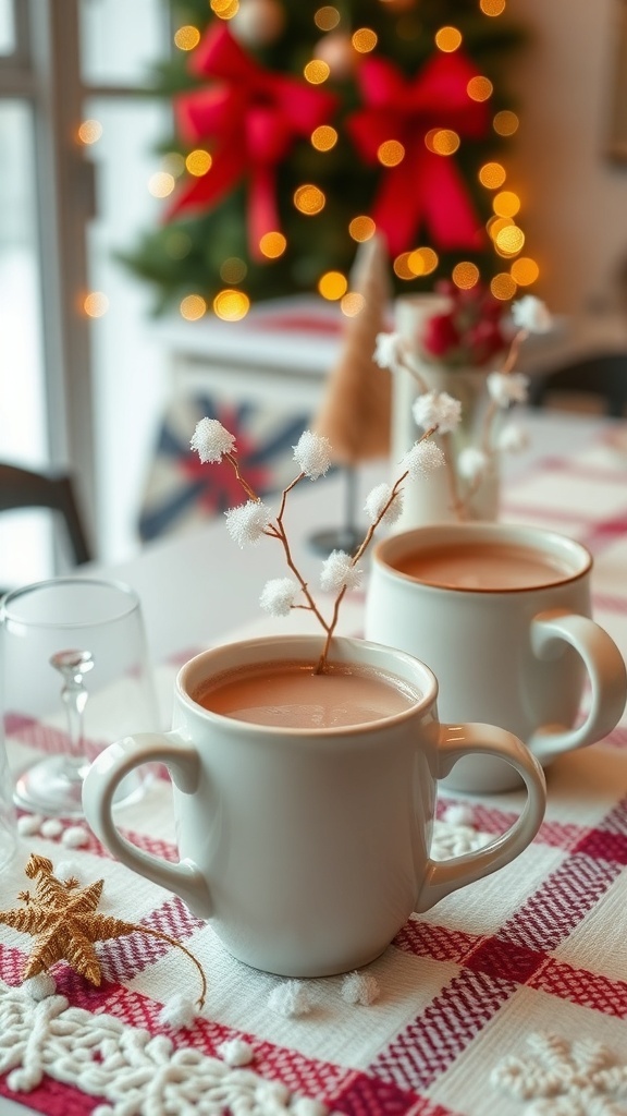 Two white mugs with hot cocoa on a festive table setting.