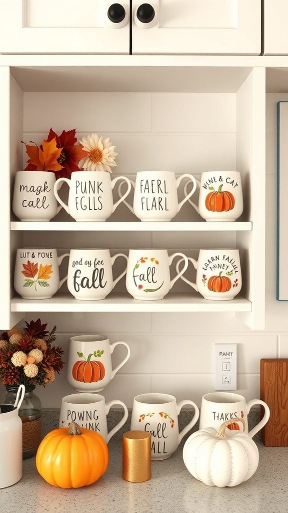 A collection of charming fall-themed mugs displayed on a shelf, featuring autumn designs and decorations.