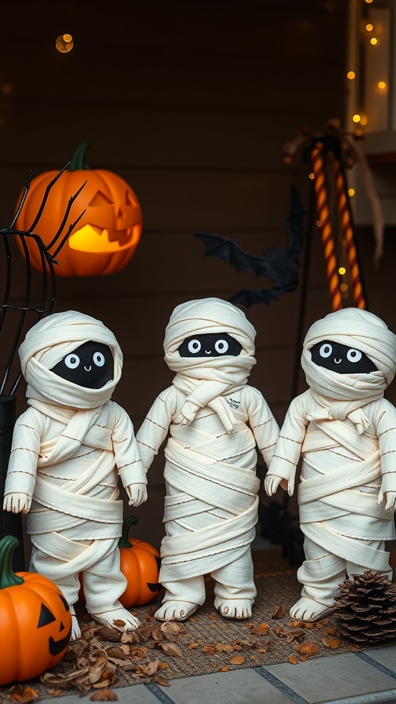 Three cute mummy decorations wrapped in white fabric, with cheerful faces, surrounded by pumpkins and Halloween decor.