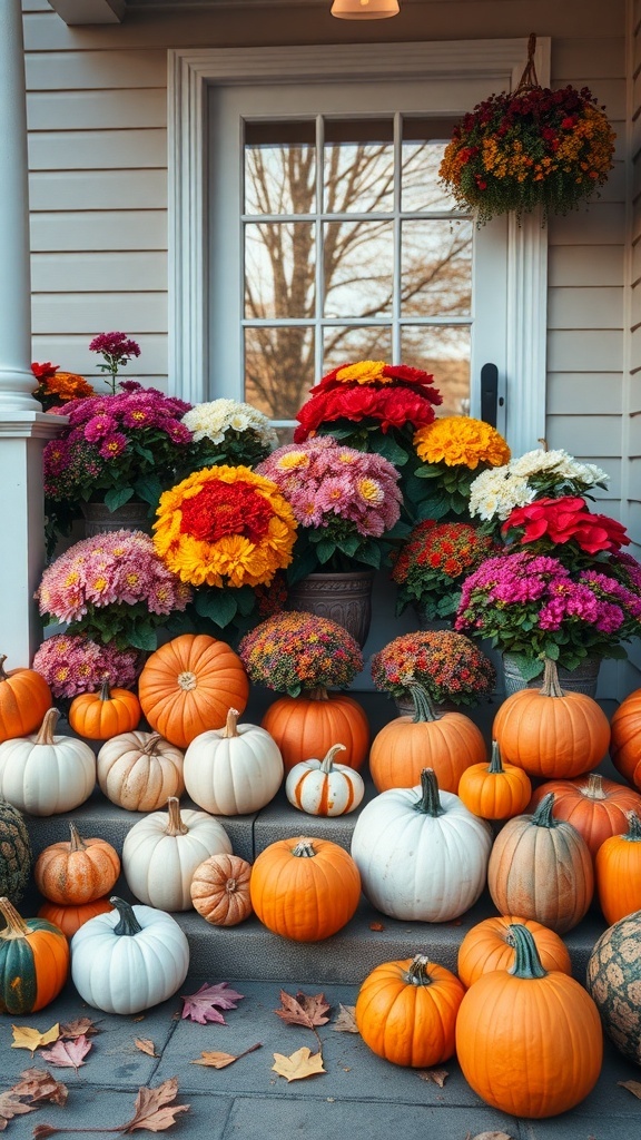 A charming display of colorful mums and pumpkins on a front porch.