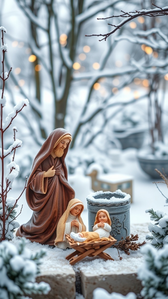 A charming nativity scene featuring Mary, Joseph, and baby Jesus in a snowy outdoor setting.
