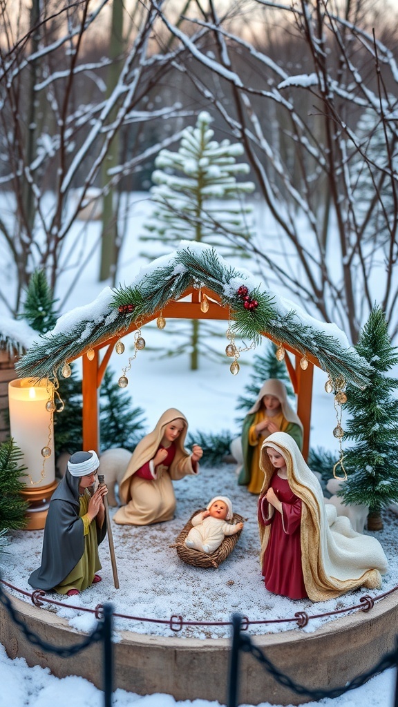 A beautifully arranged nativity scene with figurines of Mary, Joseph, and baby Jesus, surrounded by snow and evergreen decorations.