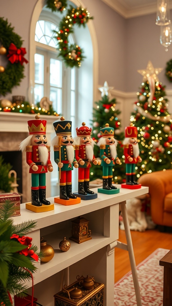 A collection of colorful nutcracker figures displayed on a table in a cozy living room decorated for Christmas.