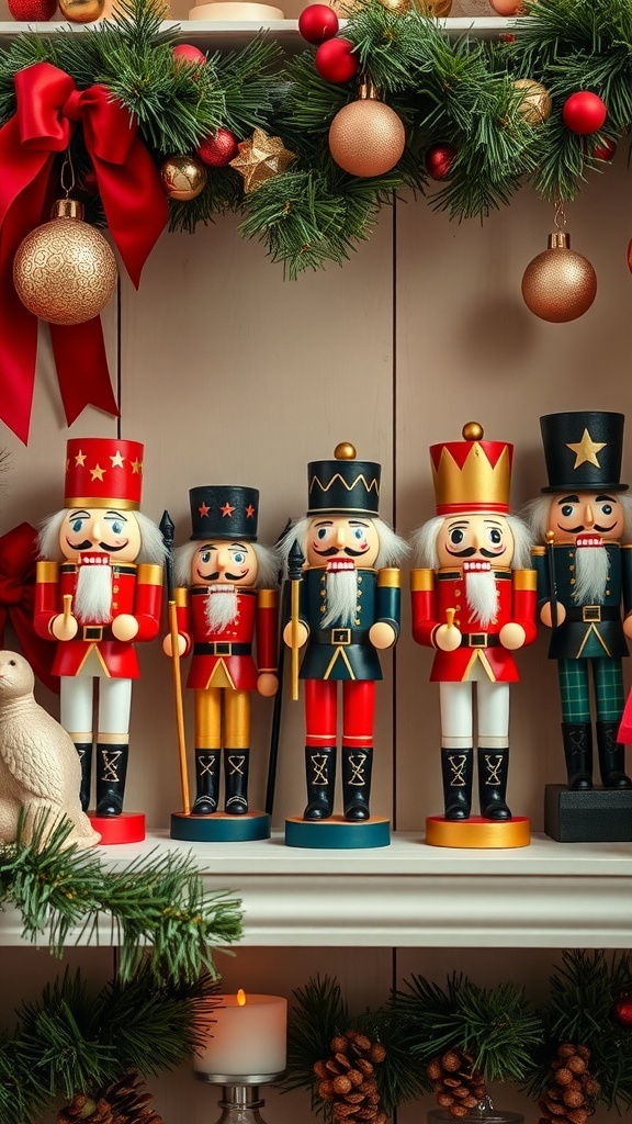 A charming collection of colorful nutcracker figurines displayed on a shelf, surrounded by festive decorations.