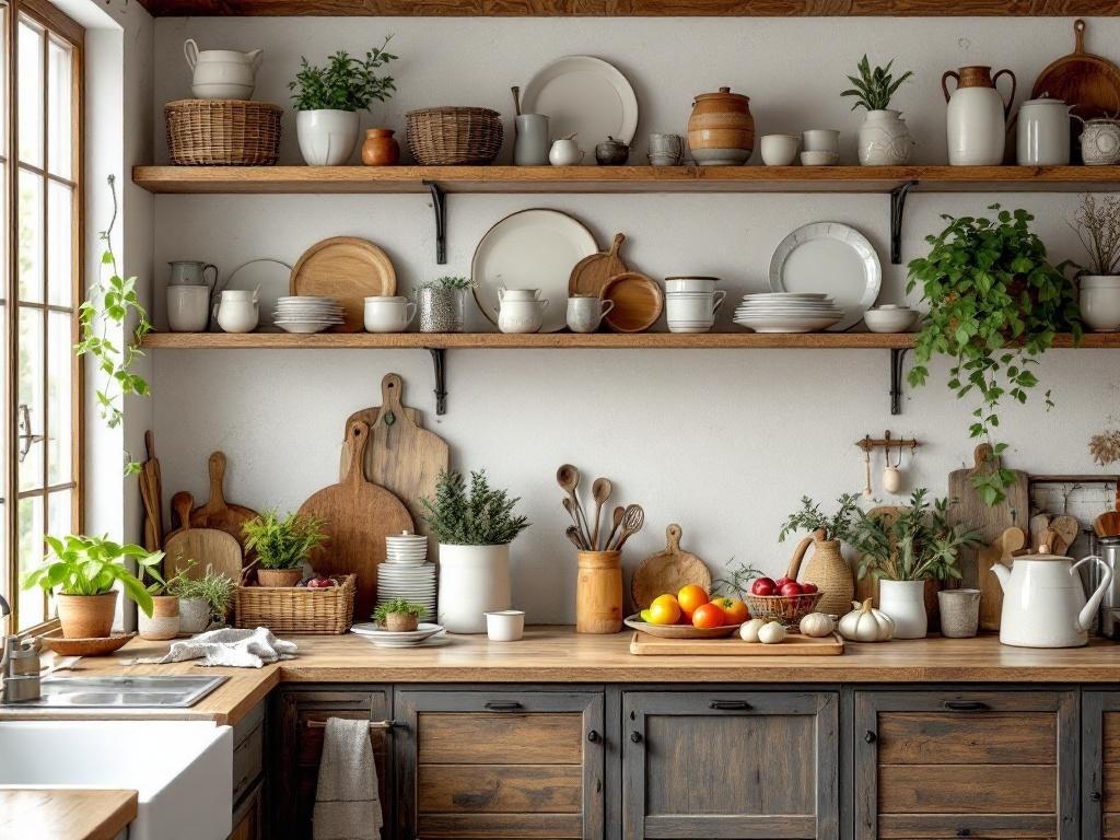 Charming cottage kitchen with open shelving displaying dishes, plants, and kitchen tools.