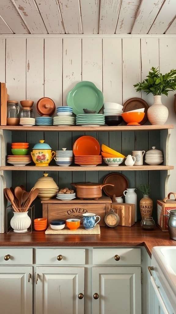 A vintage farmhouse kitchen with open shelving displaying colorful dishware and kitchen items.
