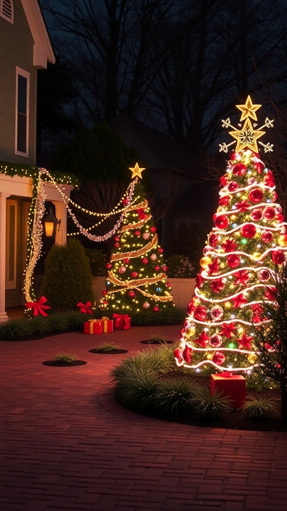Charming outdoor Christmas display with decorated trees and lights