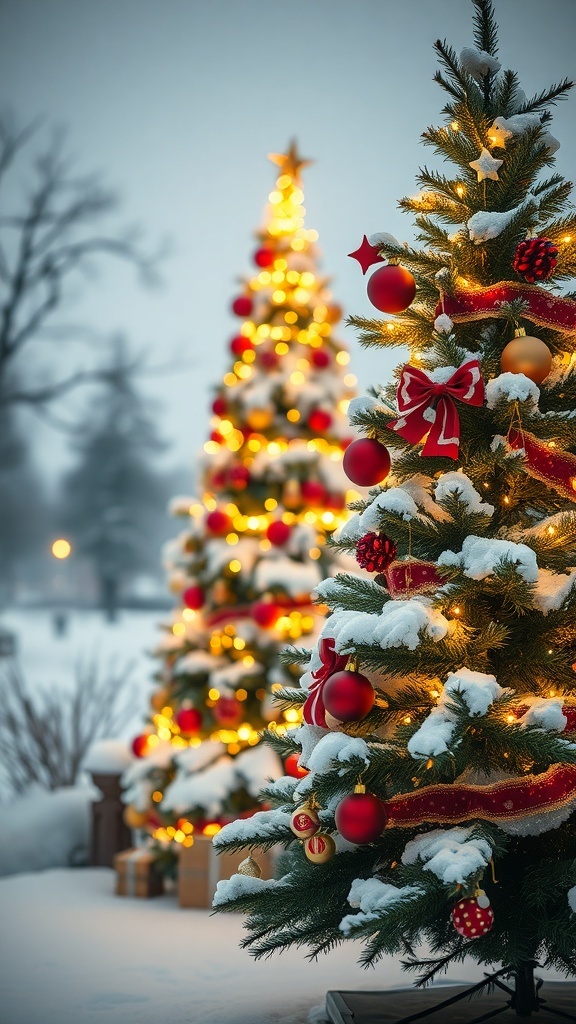 Outdoor Christmas trees decorated with lights and ornaments in a snowy setting.