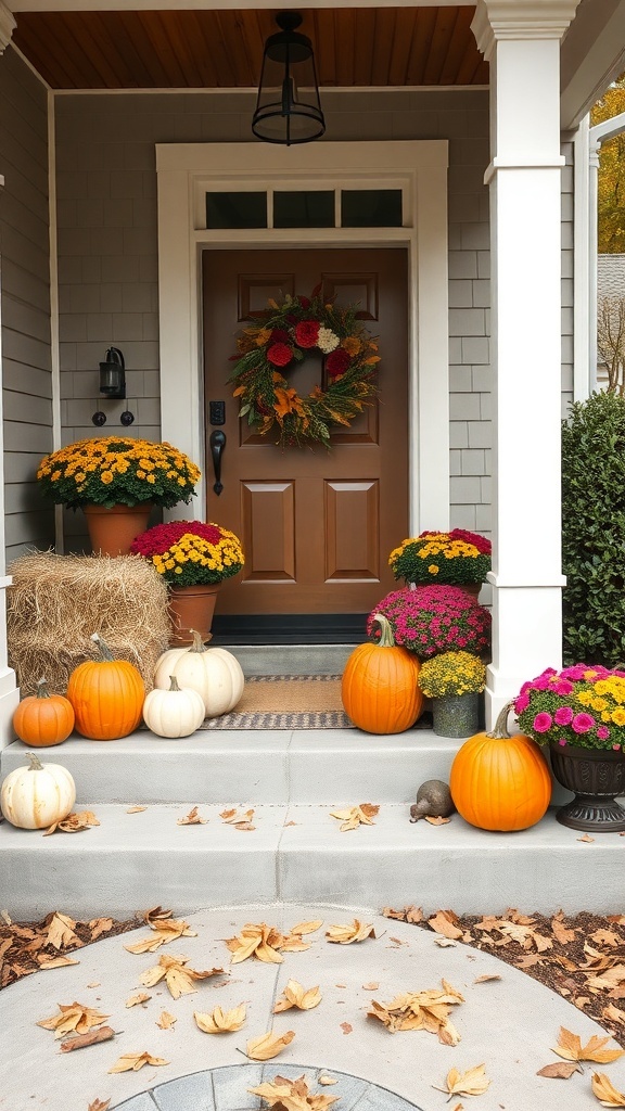 A cozy front porch decorated for fall with pumpkins, flowers, and a wreath.