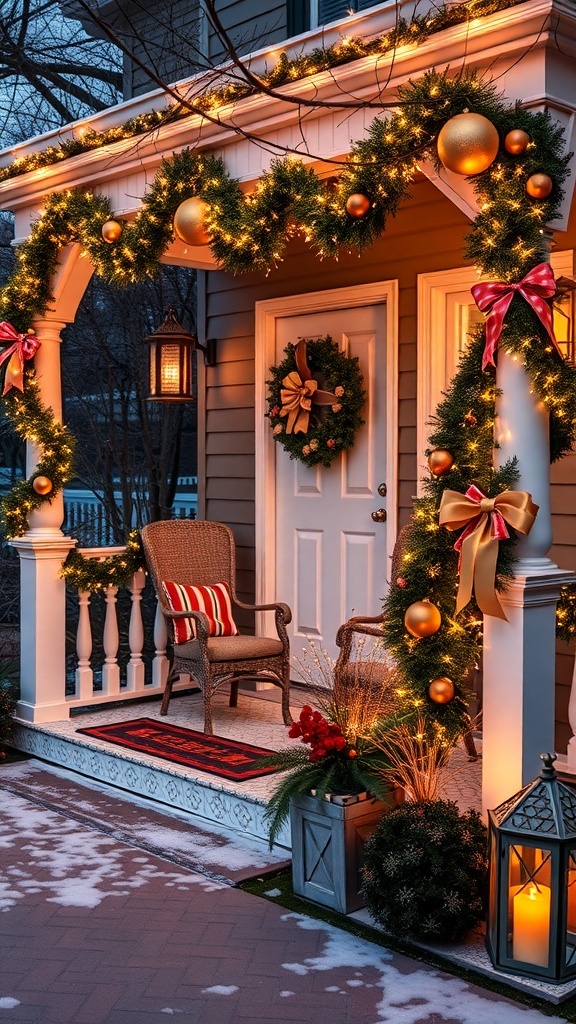 A beautifully decorated porch with garlands, lights, and a festive wreath.
