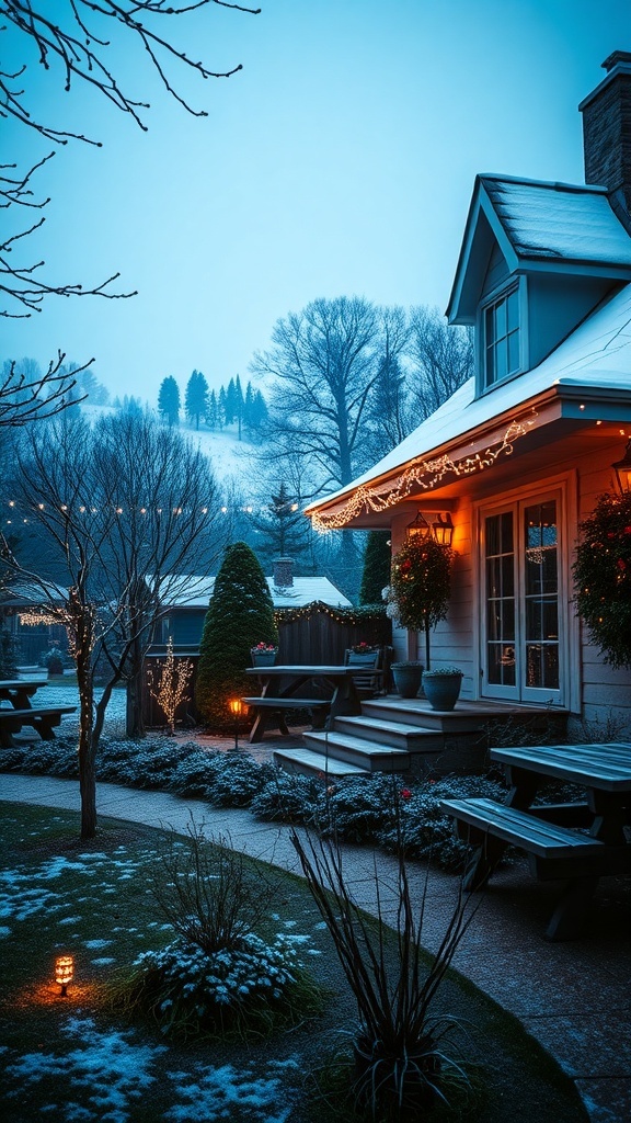 A charming house decorated with outdoor lights and surrounded by snow-covered trees.