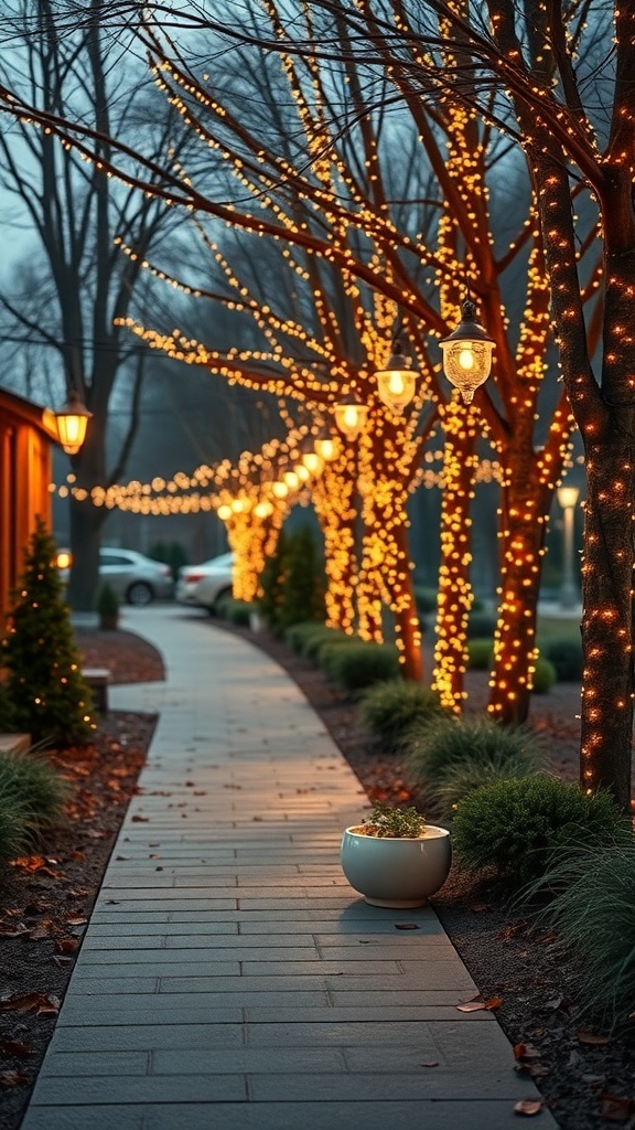 Pathway lined with warm outdoor lights and trees decorated for Christmas