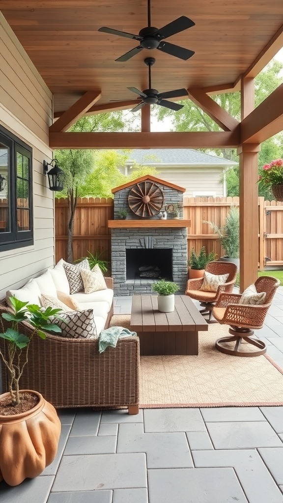 Cozy modern farmhouse backyard with seating area and fireplace.
