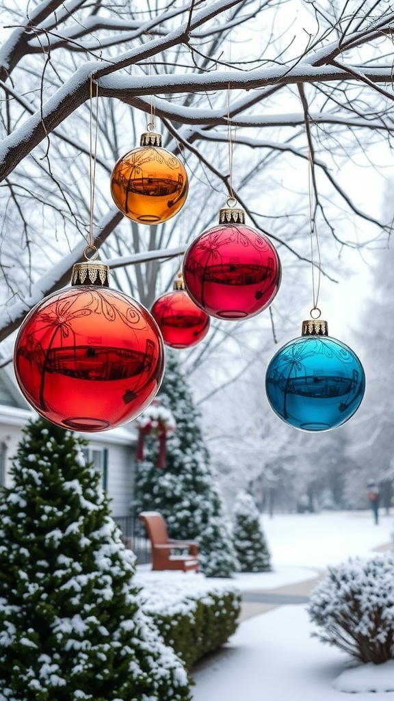 Colorful Christmas ornaments hanging from a snowy tree branch