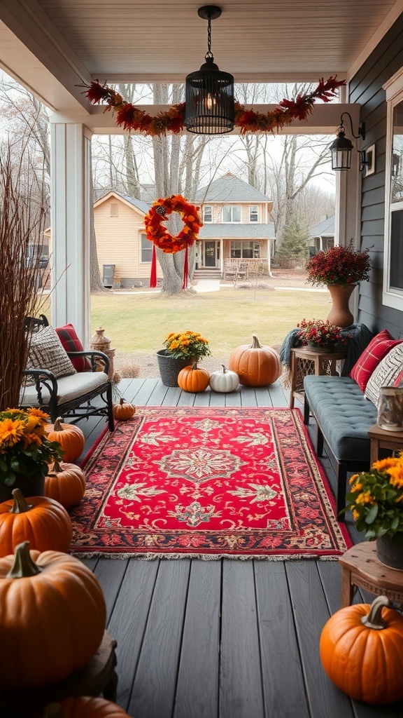 A cozy fall porch featuring a vibrant red outdoor rug surrounded by pumpkins and flowers.