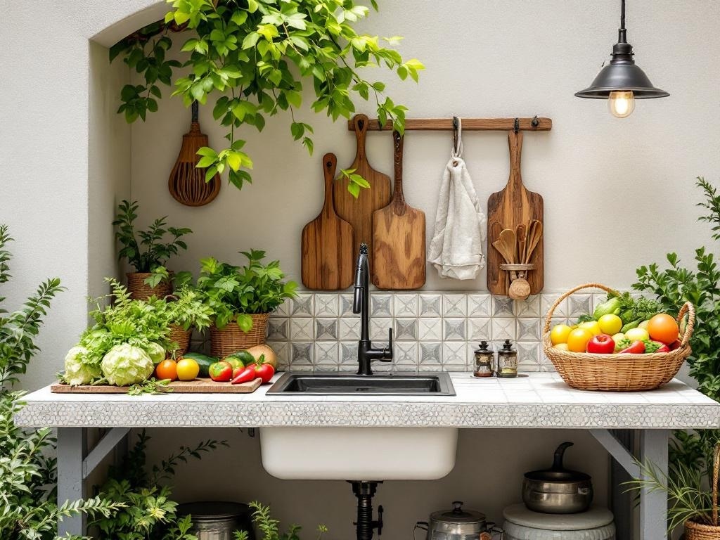 Charming outdoor sink and prep area with fresh vegetables, herbs, and wooden cutting boards.