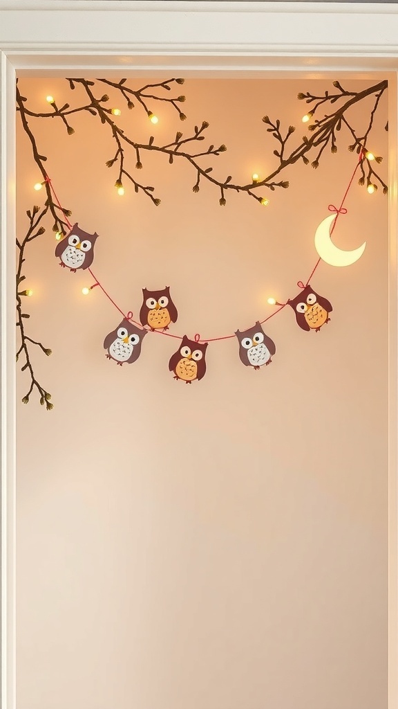 A garland featuring owls and a crescent moon, decorated with warm lights and branches.