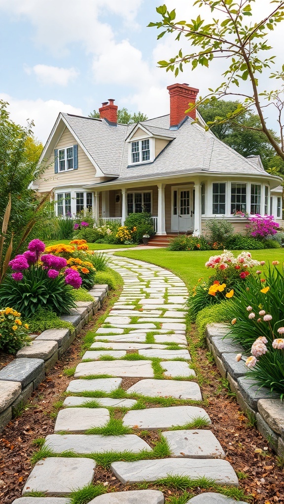 A charming stone pathway leading through a colorful garden in a modern farmhouse backyard.