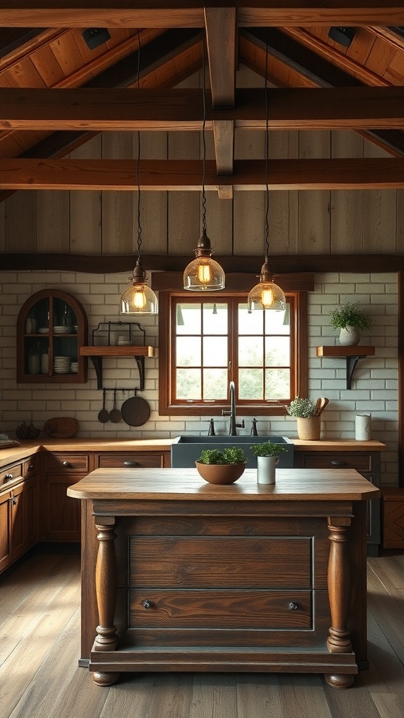 Charming pendant lights hanging above a wooden kitchen island in a farmhouse kitchen.