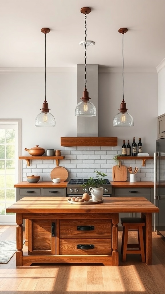 Charming pendant lights above a kitchen island in a modern farmhouse setting.