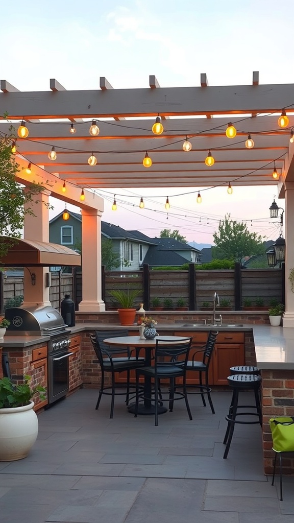 An outdoor kitchen with a pergola, featuring a grill, dining table, and string lights.