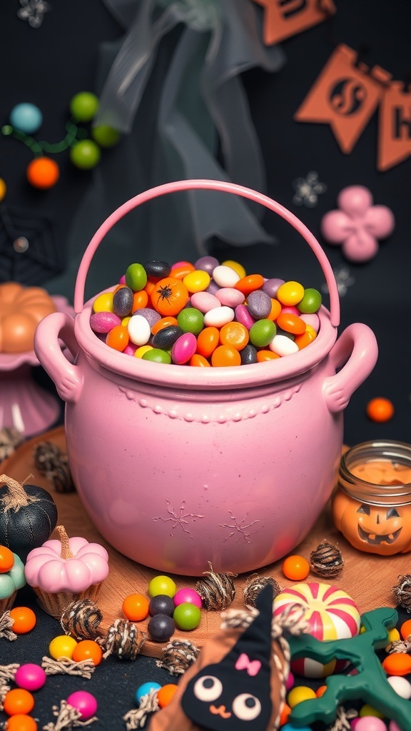 A pink cauldron filled with colorful candies surrounded by Halloween decorations