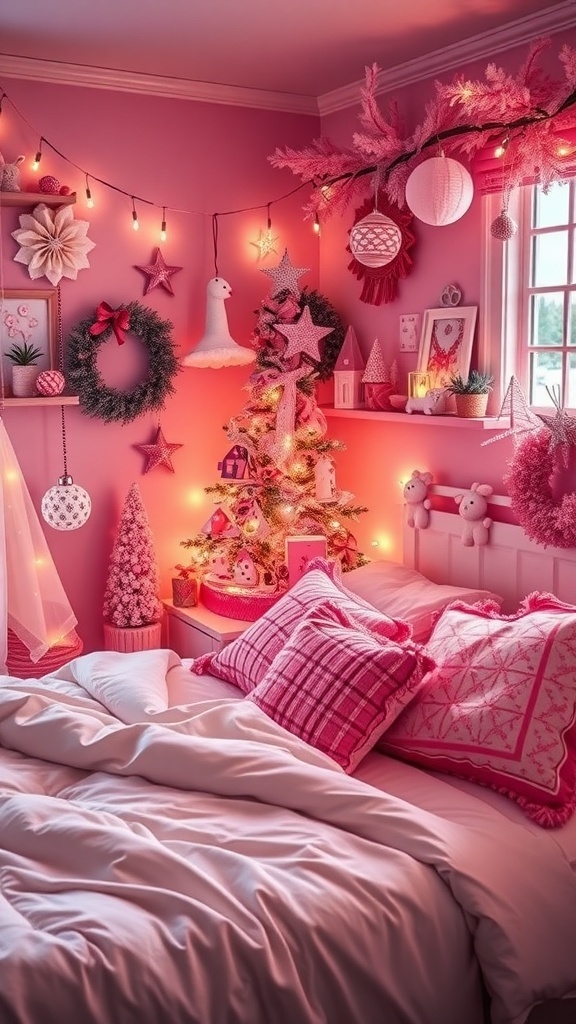 A cozy pink Christmas bedroom decorated with a pink tree, ornaments, and soft lighting.